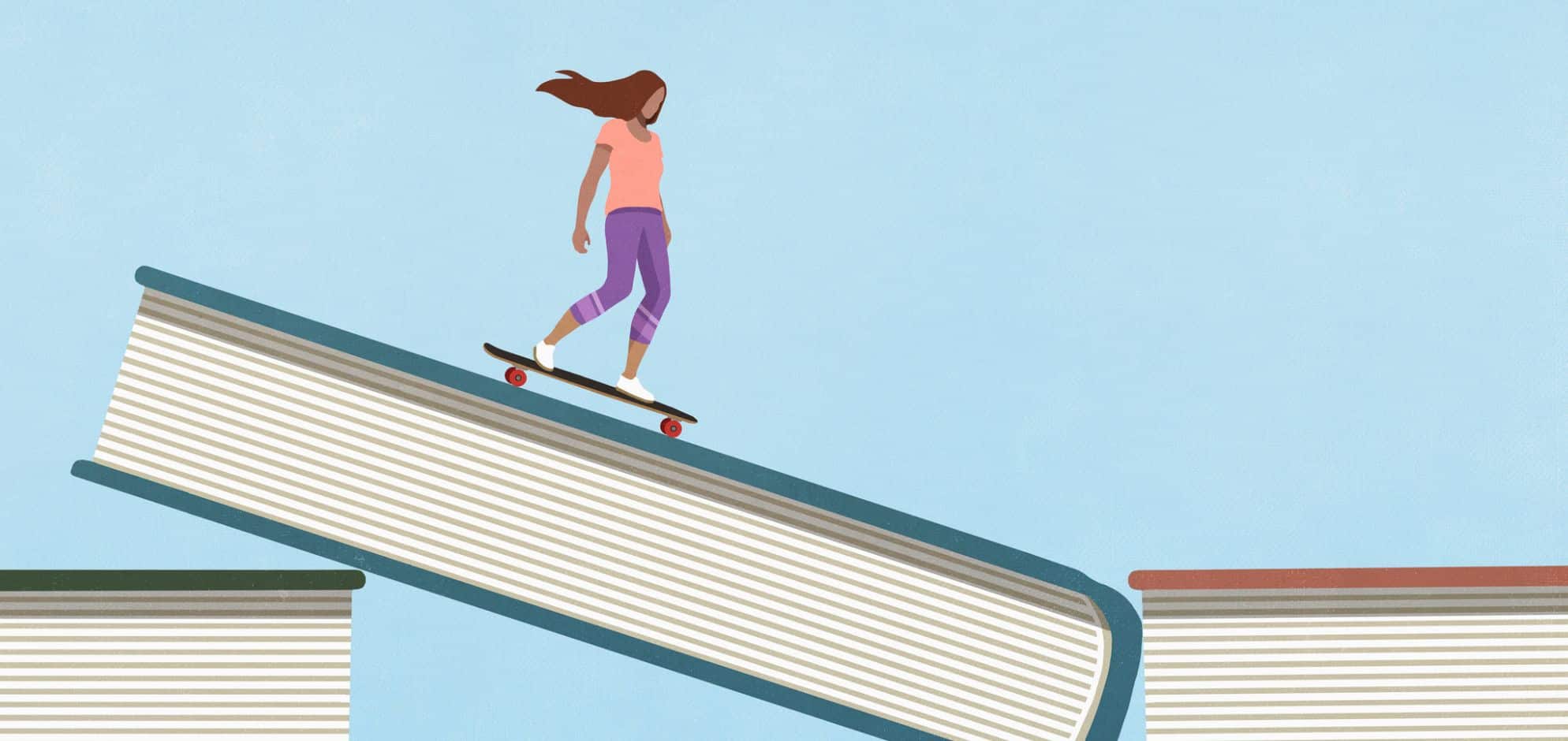 Grafik: Junge Frau fährt Skateboard auf riesigen Büchern