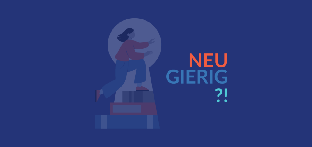 Illustration einer Person vor Schlüsselloch mit Schriftzug „Neugierig?!“ auf blauem Hintergrund